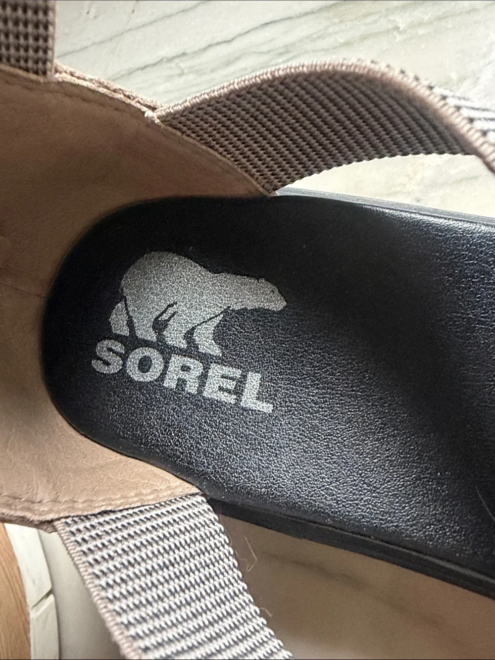 Sorel Taupe Strappy Wedge Sandals with Wood-Look Platform